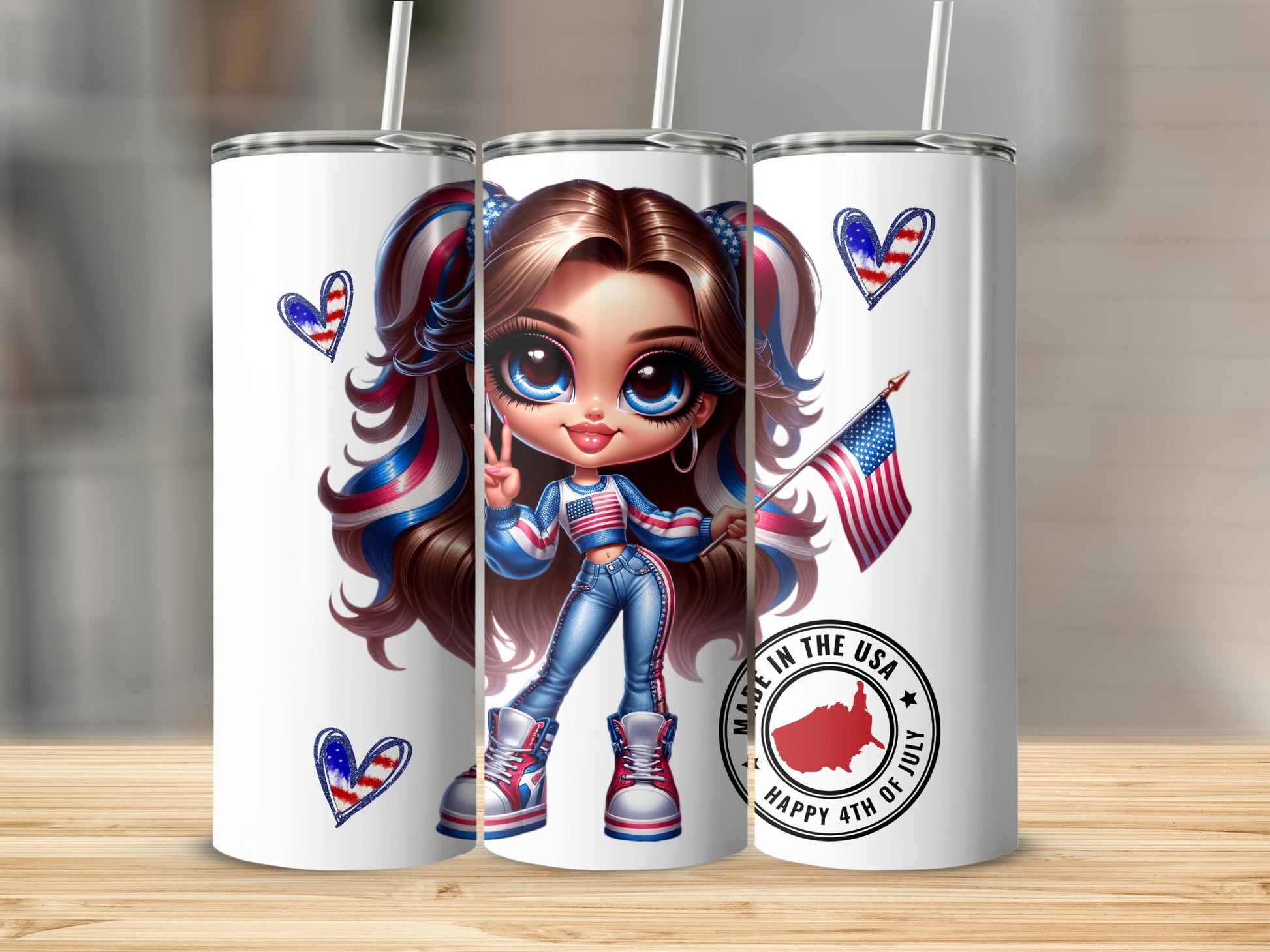 Tiedye patriotic tumbler with girl holding American flag and "Happy 4th of July" text.