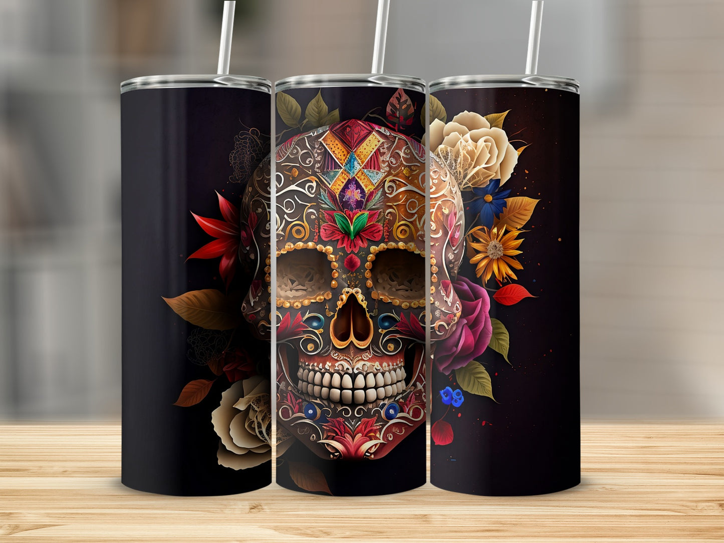 Vibrant Colorful Sugar Skull Design on Tumbler