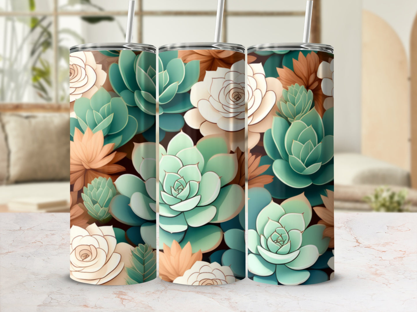 Three tumblers with succulent and floral patterns on a marble surface.