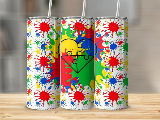 Colorful Puzzle Heart Splatter Tumbler