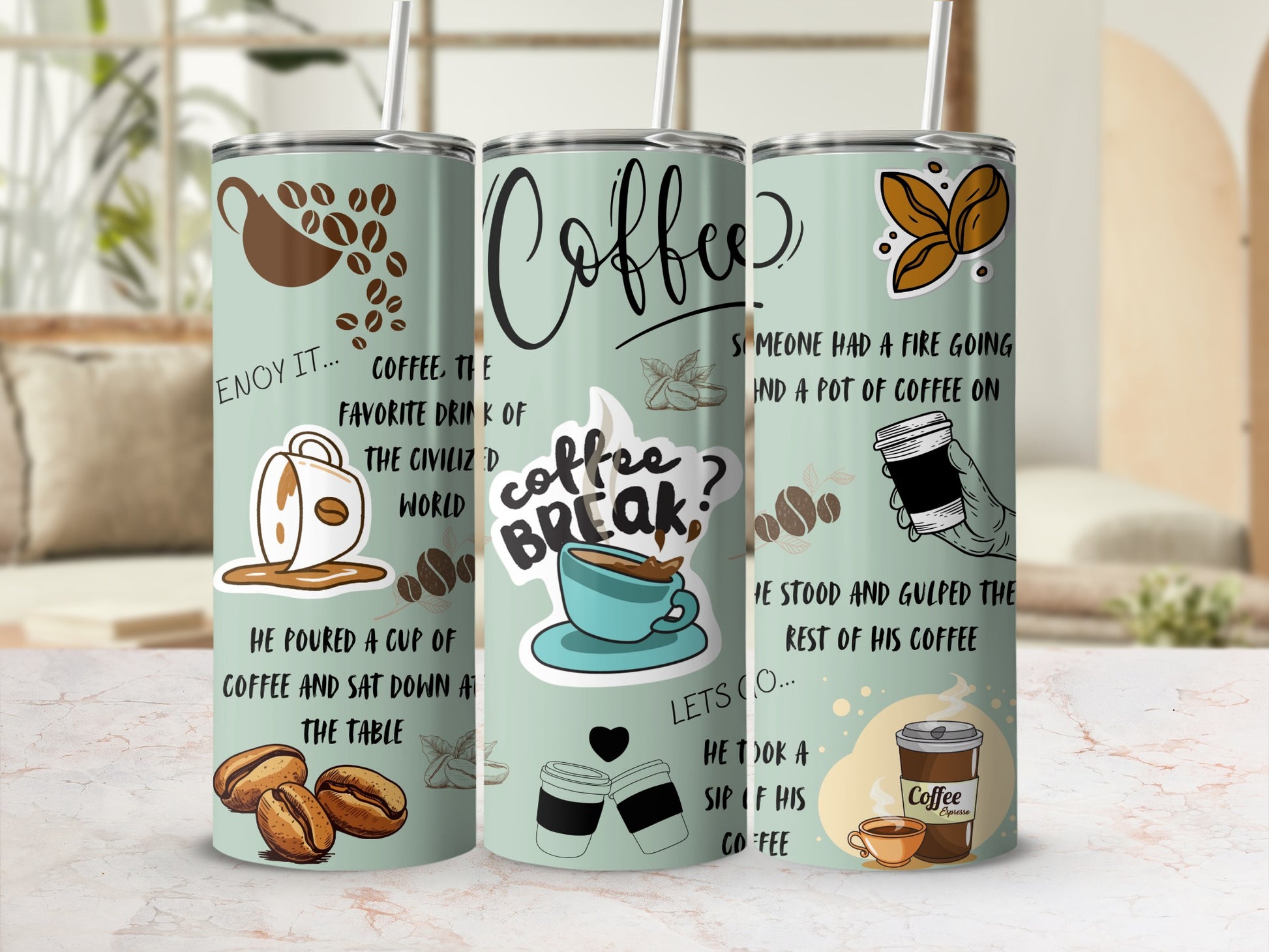 Stylish Coffee-Themed Tumbler with Fun Designs and Quotes
