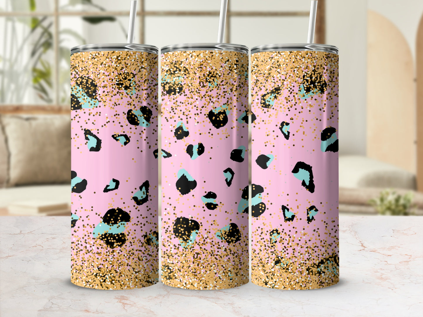 Pink Leopard Print Glitter Design Tumbler with Straw