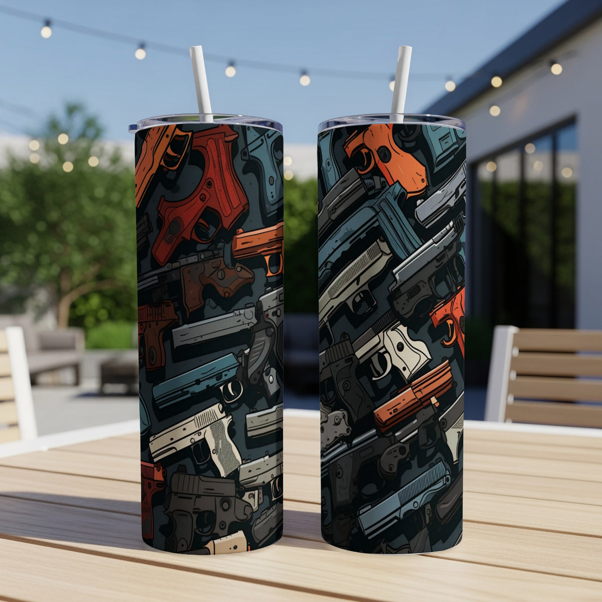 Two tumblers with an all-over pattern of handguns in various colors.