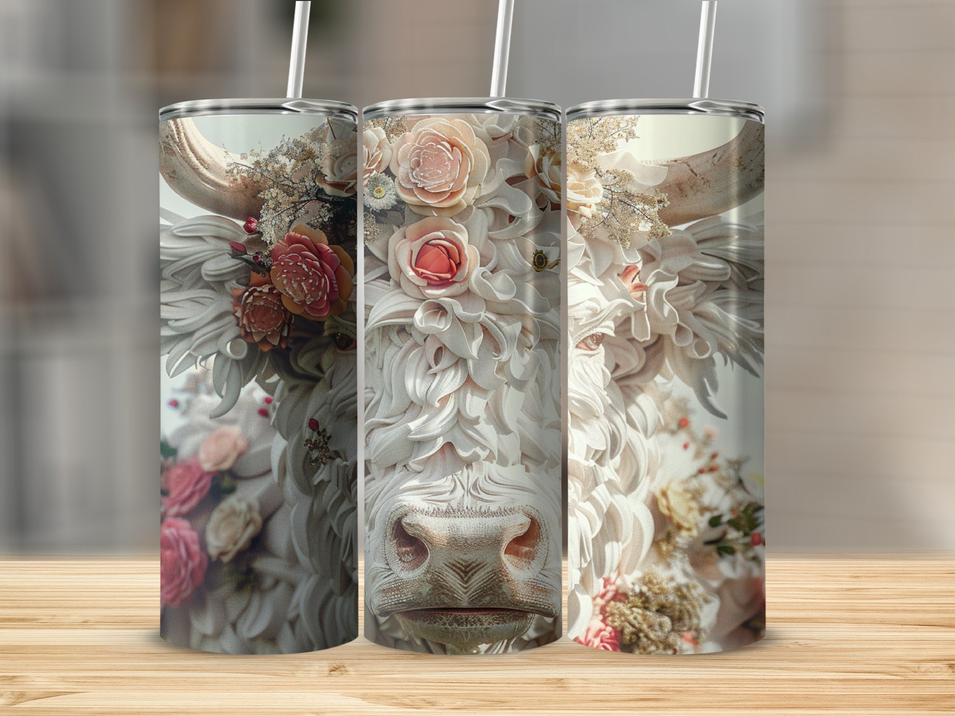Three tumblers decorated with floral cow face designs.