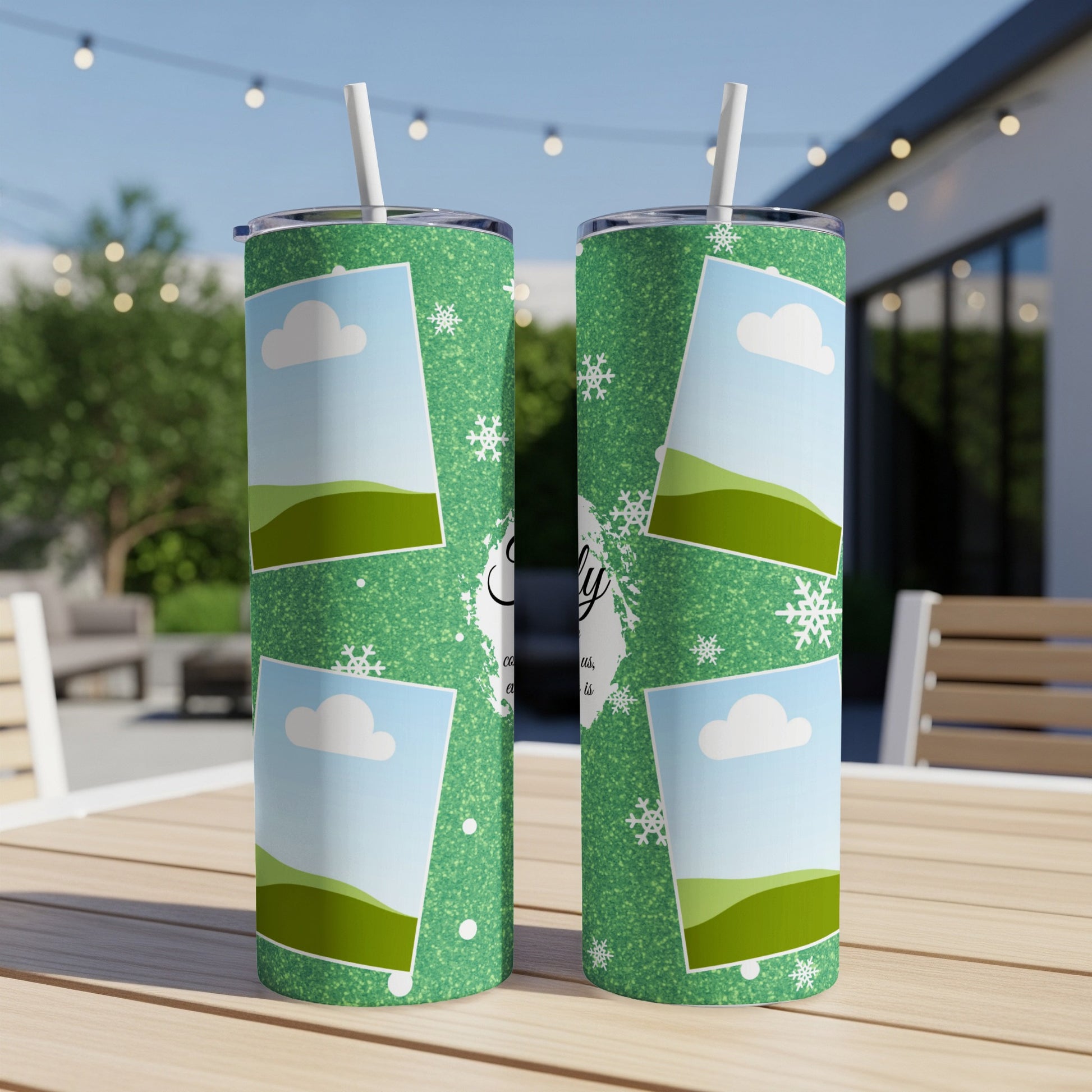 Two green glitter tumblers with snowflake and photo frame designs.