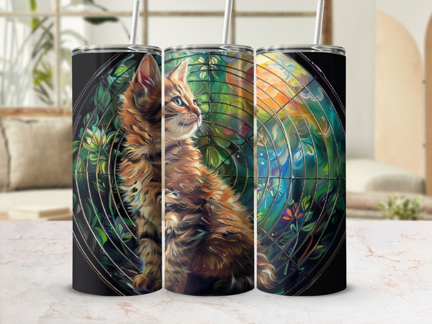 Fluffy kitten looks out from behind a colorful, leafy screen.