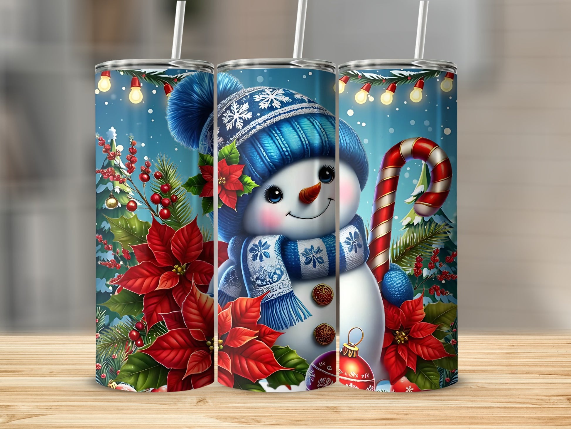 Festive Snowman with Poinsettia and Candy Cane Tumbler
