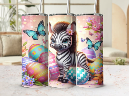 Cute zebra with pastel Easter eggs and butterflies on a pink background.