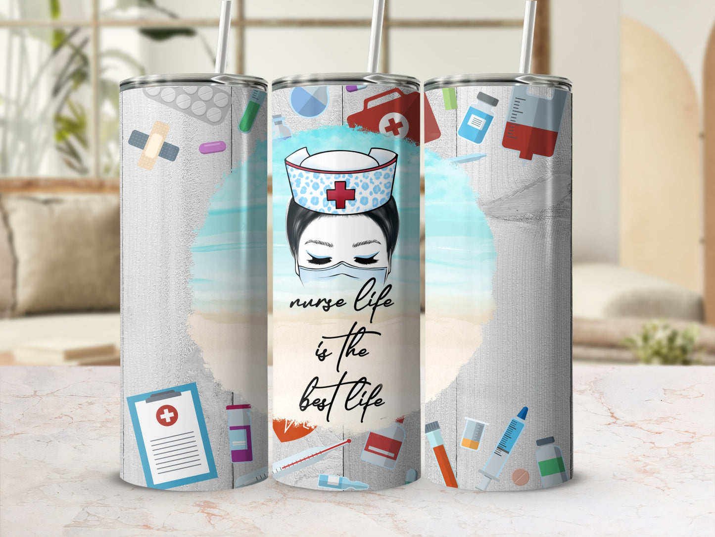 Nurse life is the best life tumbler with medical icons and a nurse's hat.
