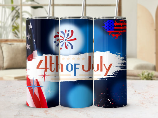 Fourth of July themed tumblers with patriotic flag and fireworks designs.
