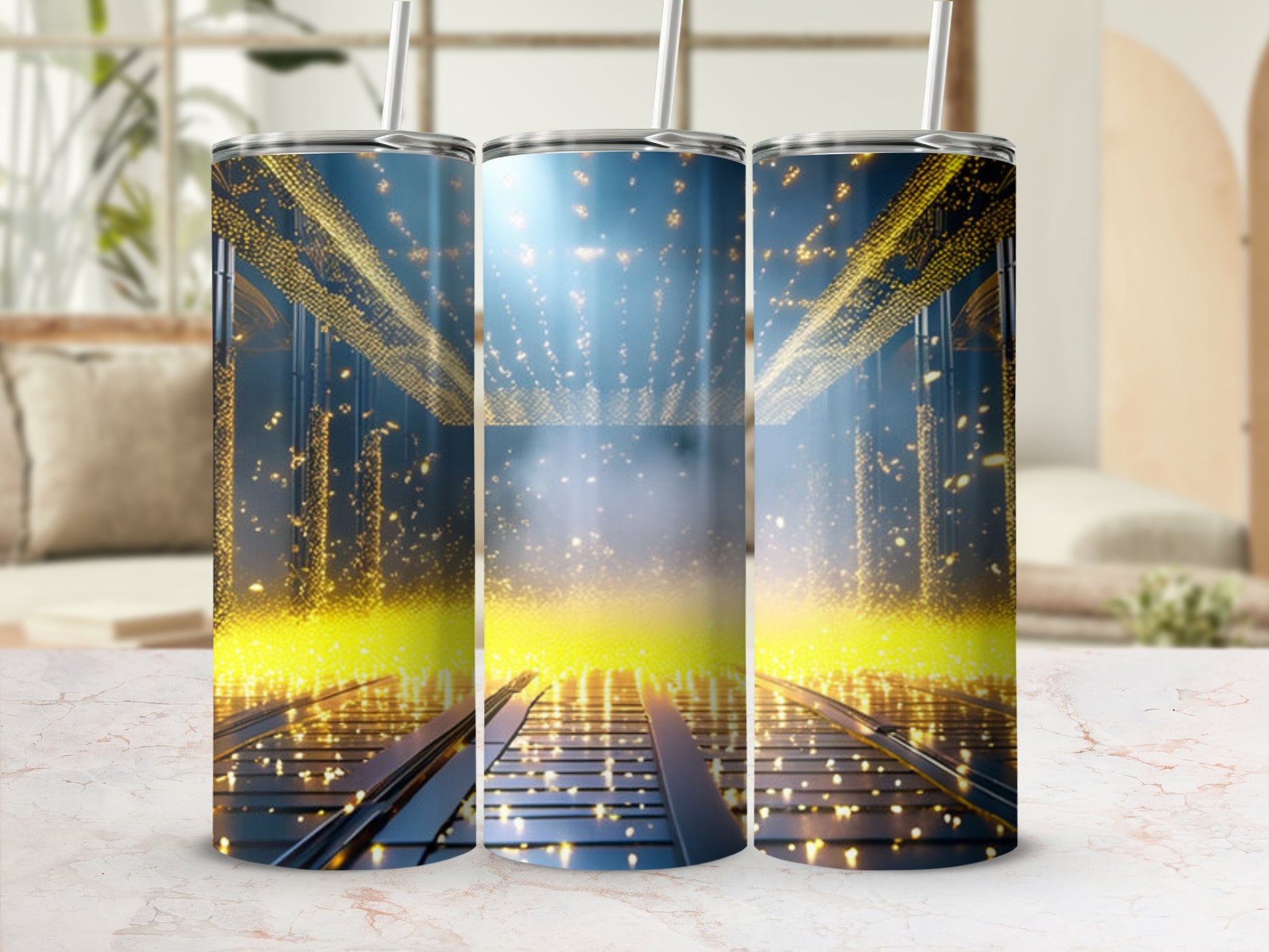 Three tumblers with a futuristic gold tunnel design and glowing lights.
