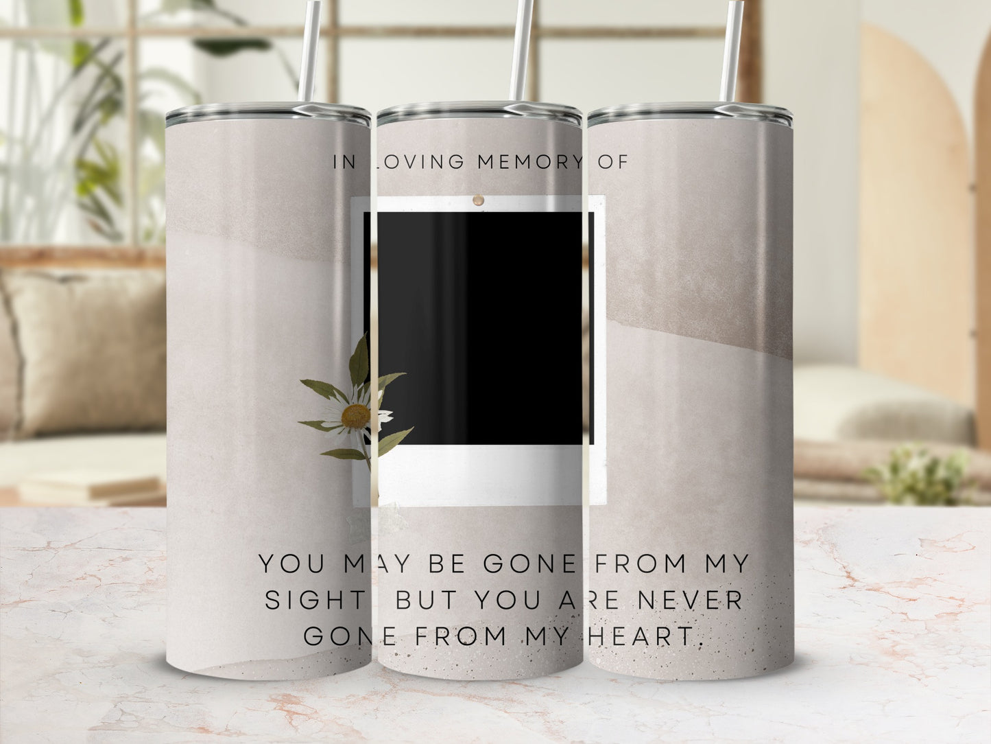 In loving memory of tumbler with placeholder photo and memorial quote.