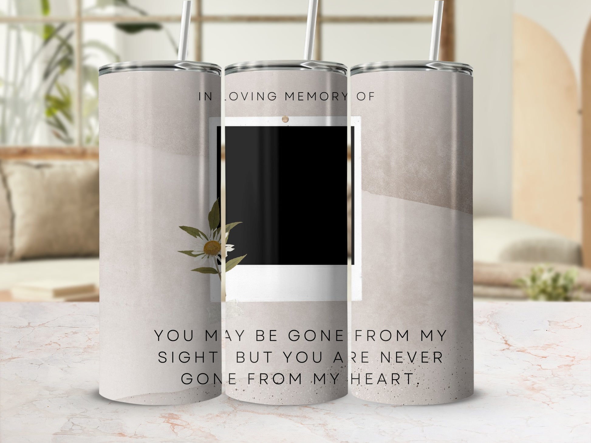In loving memory of tumbler with placeholder photo and memorial quote.