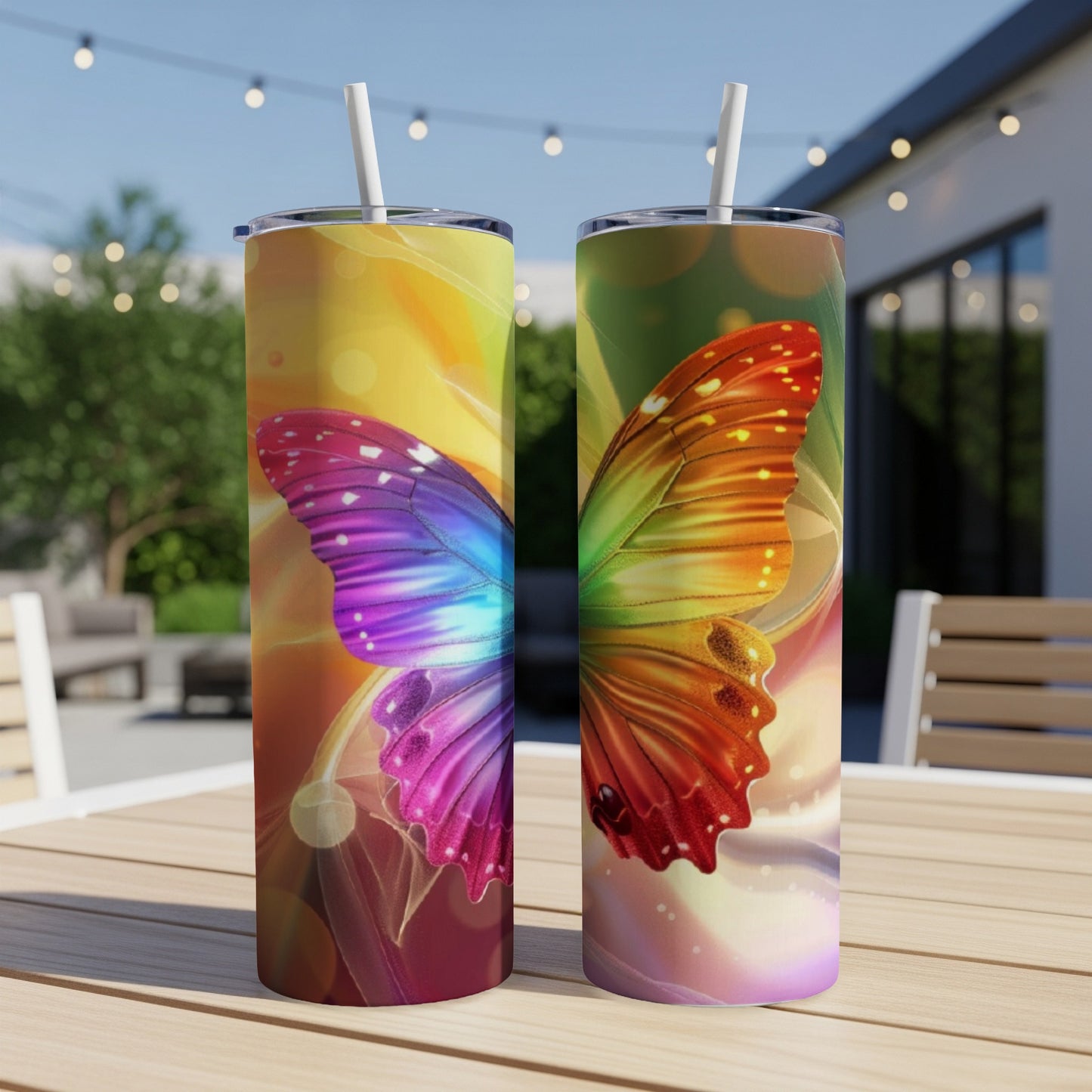 Two tall tumblers with colorful butterfly wing designs.