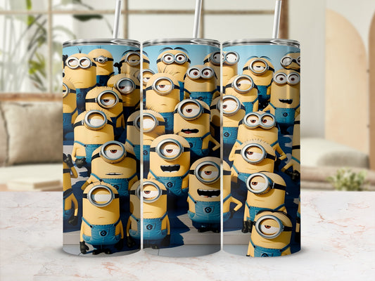 Three tall tumblers featuring multiple cartoon Minions in blue overalls.