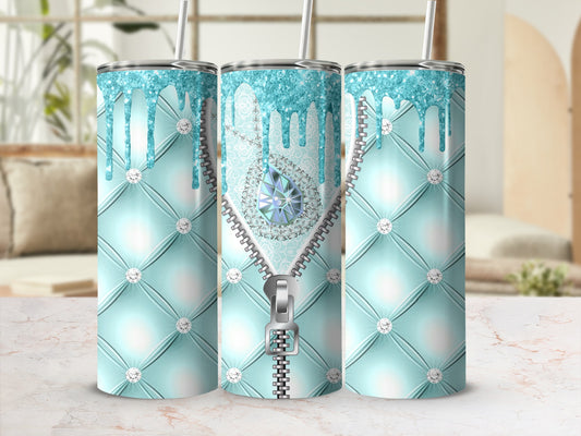 Aqua Teal Glitter Drip Quilted Diamonds Zipper Gem Tumbler product type