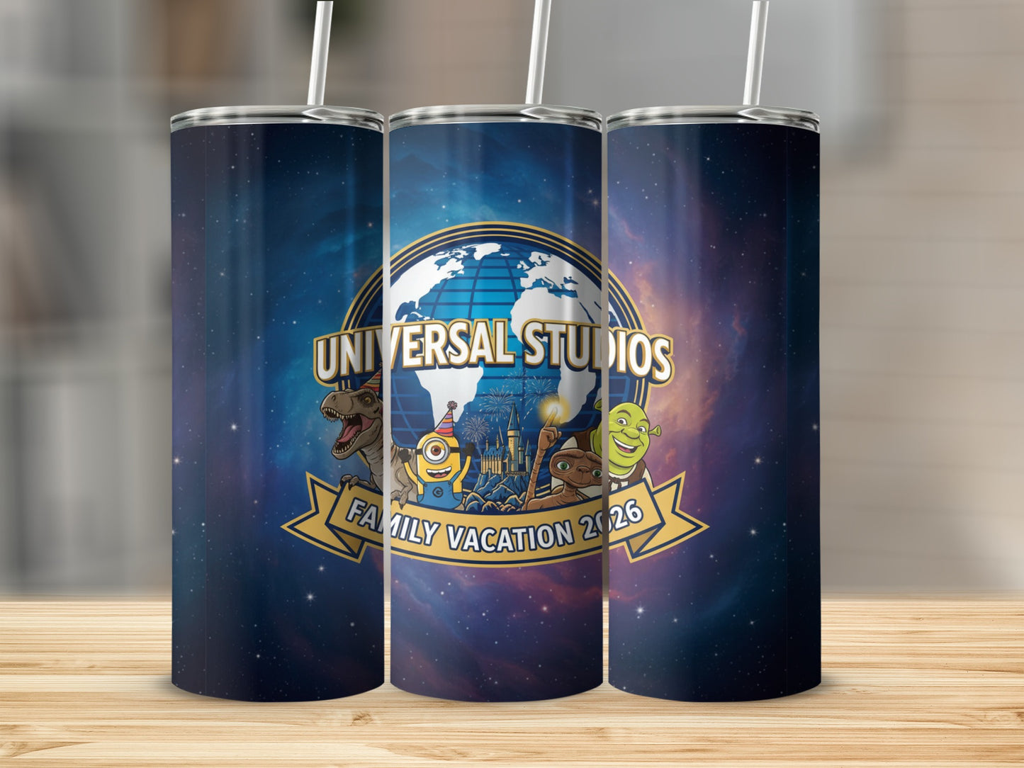 Universal Studios Family Vacation 2026 tumbler with movie characters on starry background.