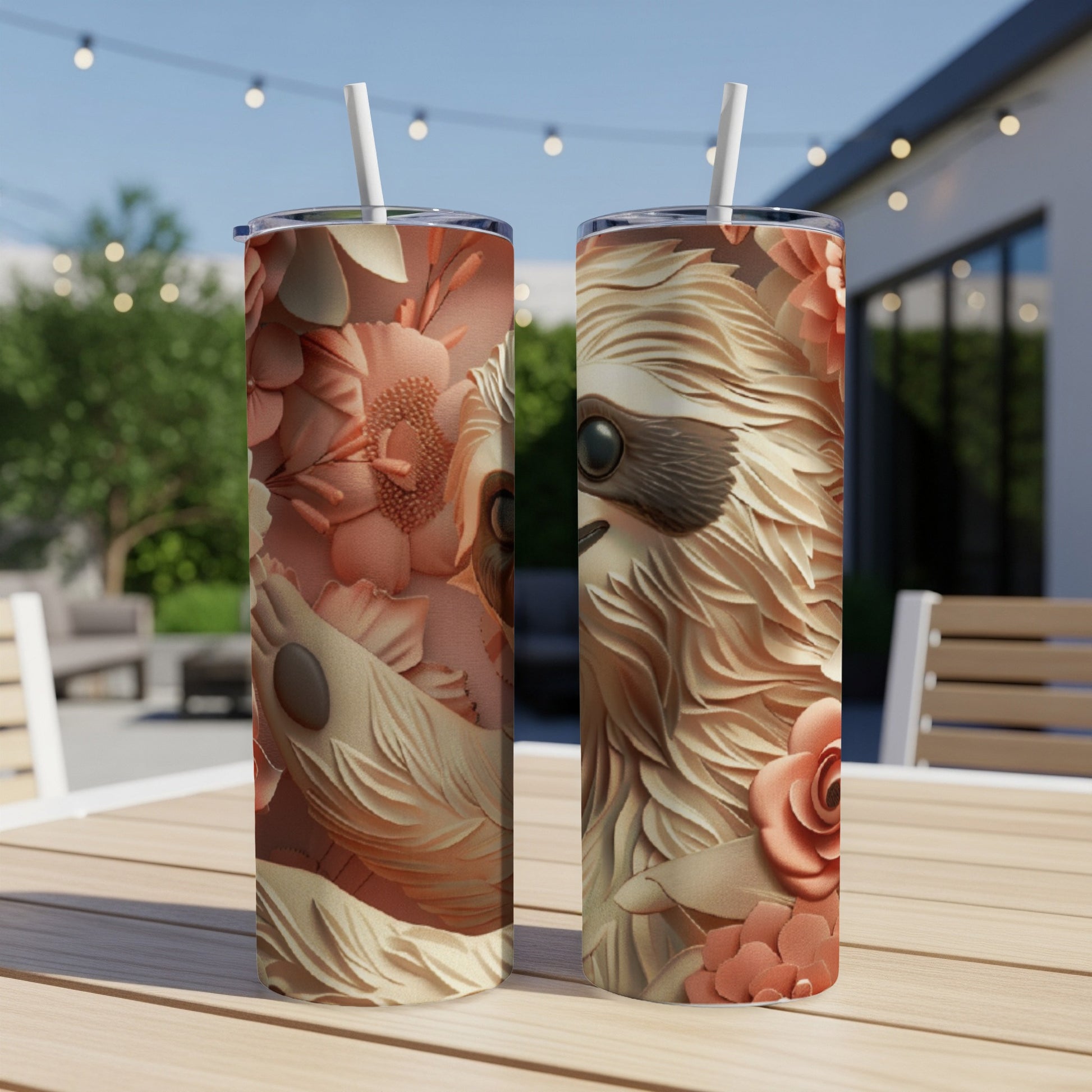 Two tumblers with a sloth and floral design stand on a table.