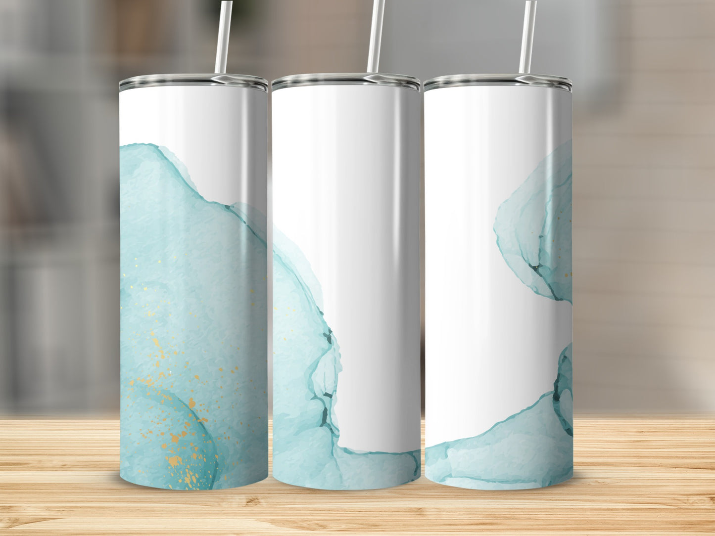 Three tall, slender tumblers with a marbled teal and gold design.