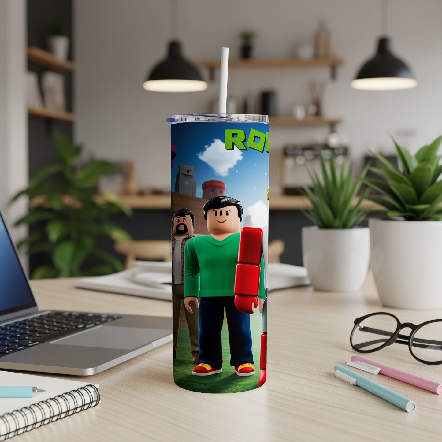 Roblox characters on a tumbler in a home office setting.