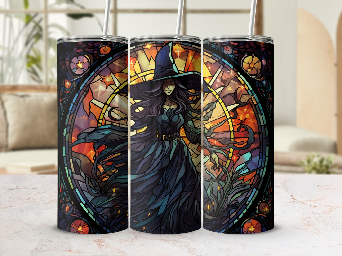 Witch in a stained glass-style art design on a tumbler.