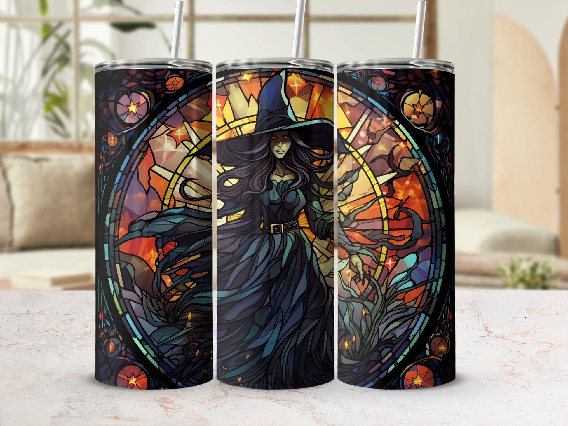 Witch in a stained glass-style art design on a tumbler.