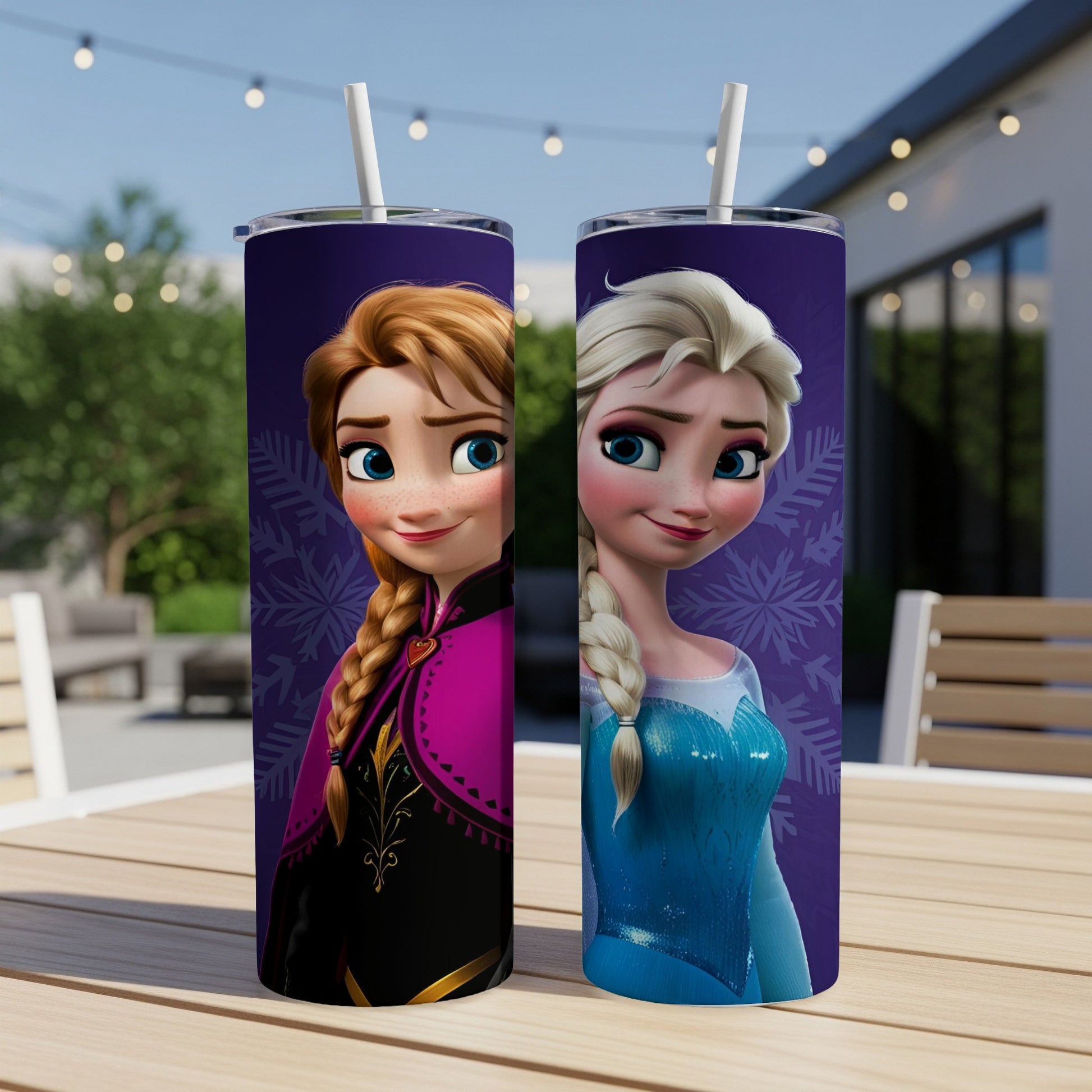 Two tumblers featuring Disney's Anna and Elsa from Frozen on a table.