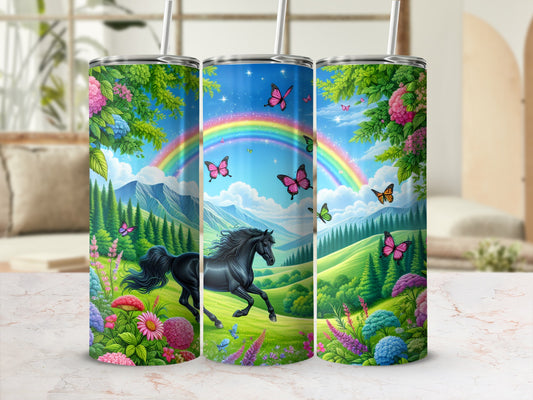 Black horse galloping in a field with rainbow and butterflies.