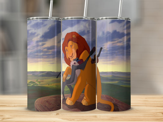 Mufasa and Simba hugging on a rock with a savanna sunset in the background.