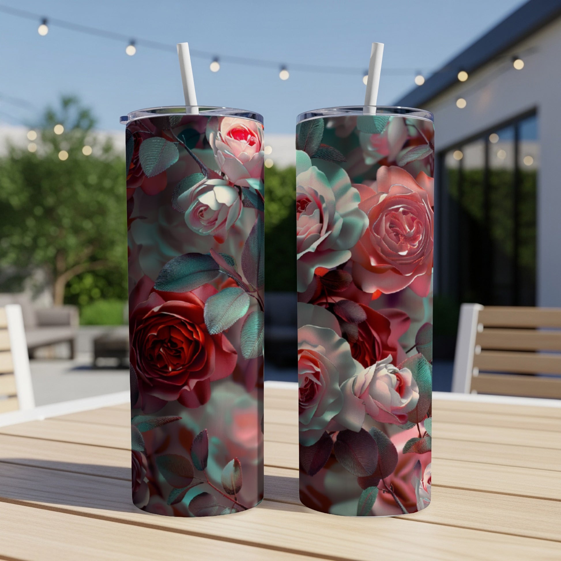 Two tall tumblers with a red and pink rose floral pattern.