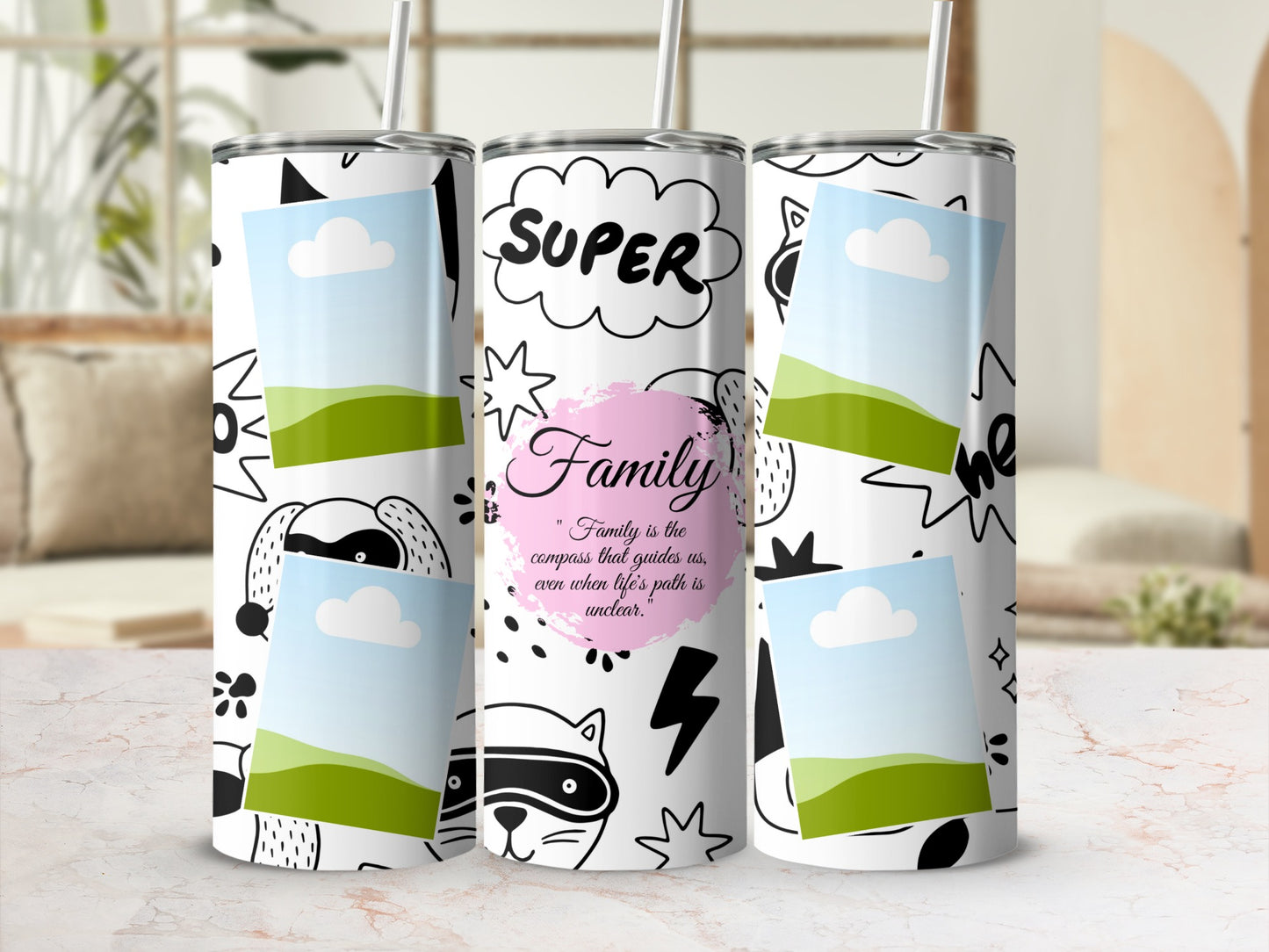 Tumblers with "Super Family" text and playful doodle graphics.