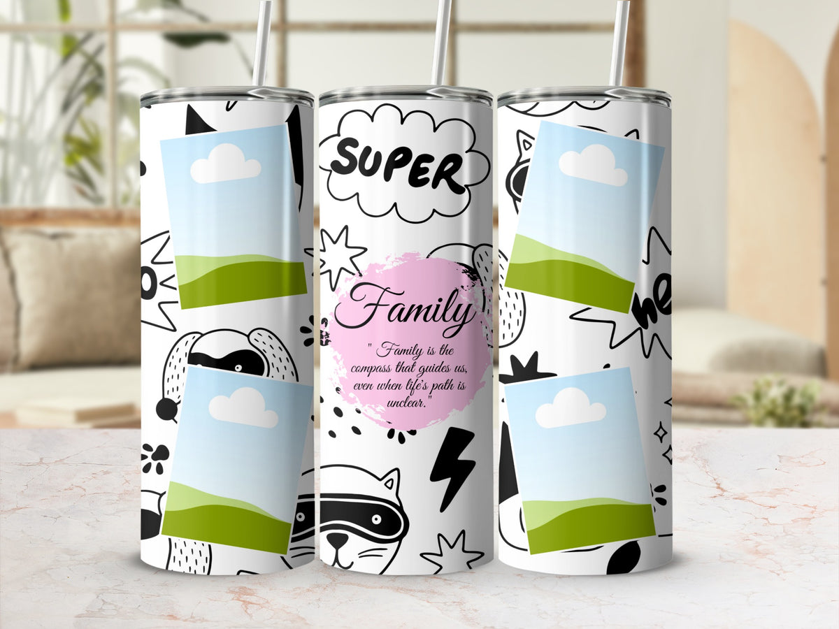 Tumblers with "Super Family" text and playful doodle graphics.