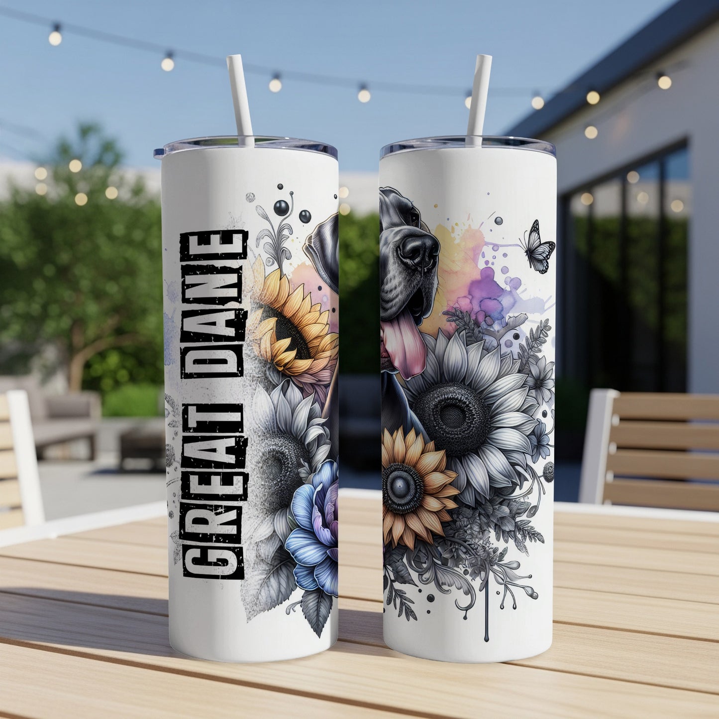 Great Dane graphic on two tumblers with sunflowers and floral accents.
