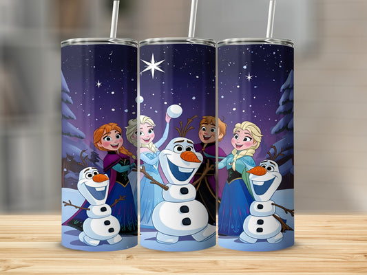 Frozen characters Elsa, Anna, and Olaf in a snowy forest scene.