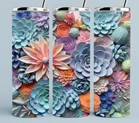 Pink, blue, peach, purple, and orange flower tumbler