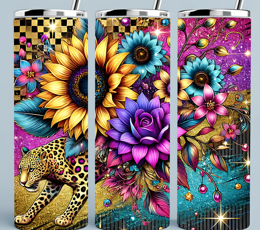 Sunflower pink, blue, and gold tumbler