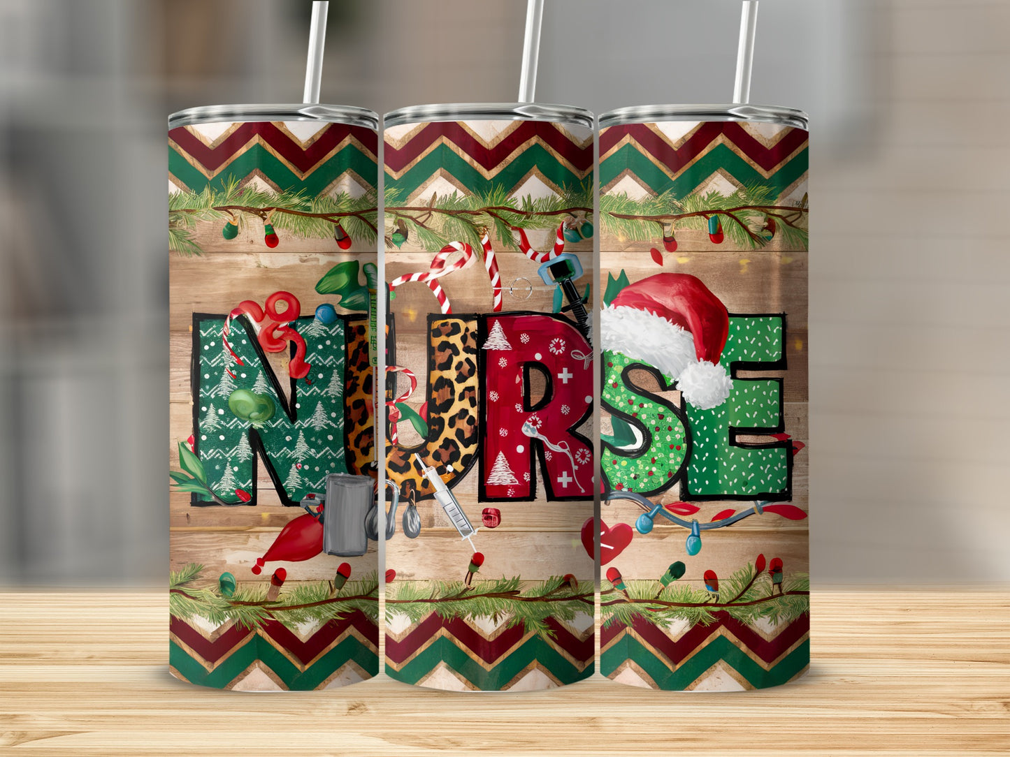 Three tumblers with holiday nurse designs and wood-grain backgrounds.