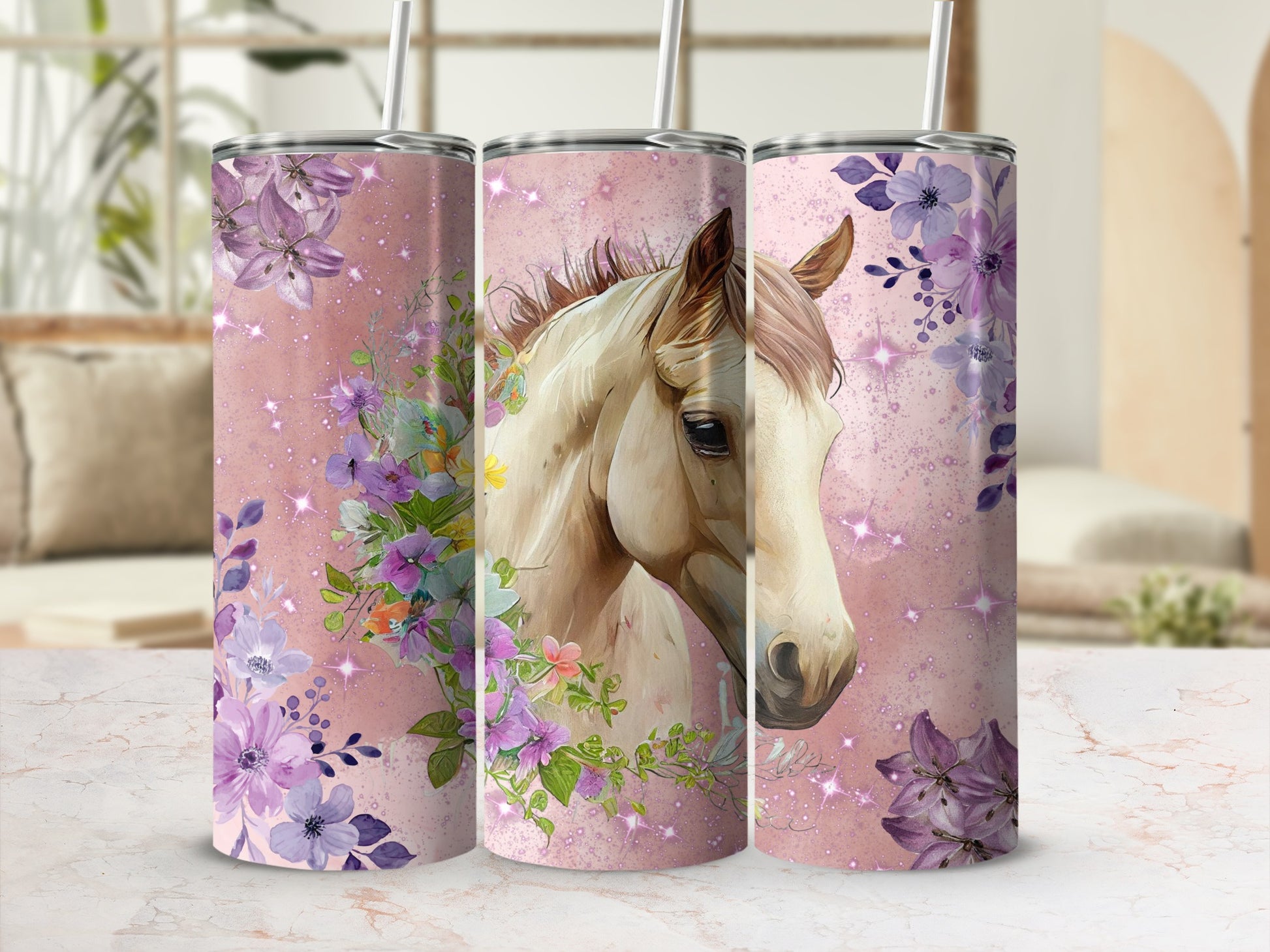 Pastel Horse Themed Tumbler with Purple Floral Pattern