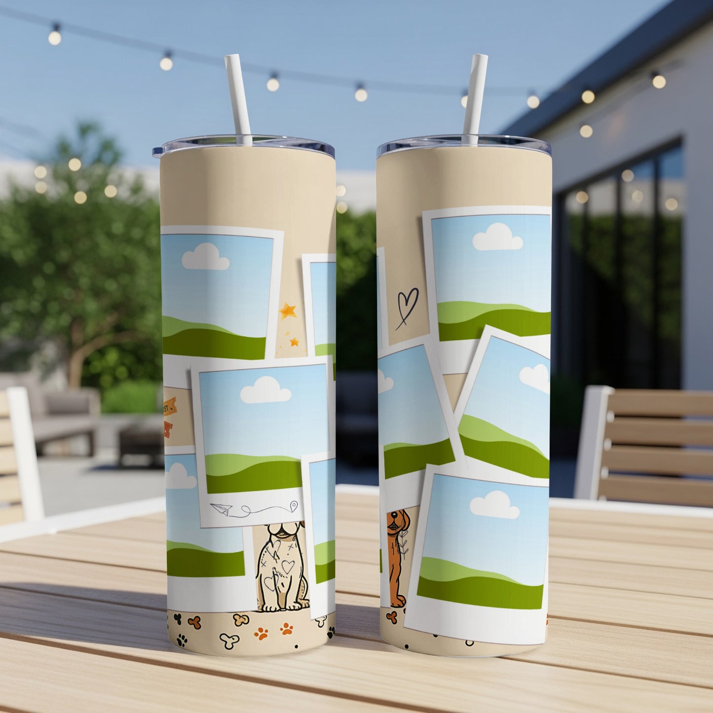 Two tumblers with a collage of photos, paw prints, and cartoon dogs.