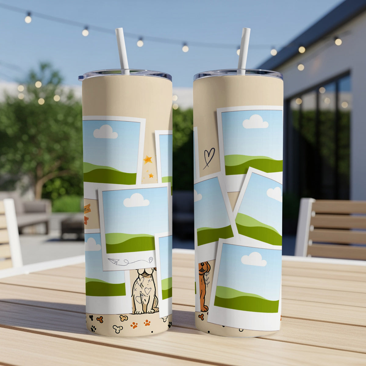 Two tumblers with a collage of photos, paw prints, and cartoon dogs.