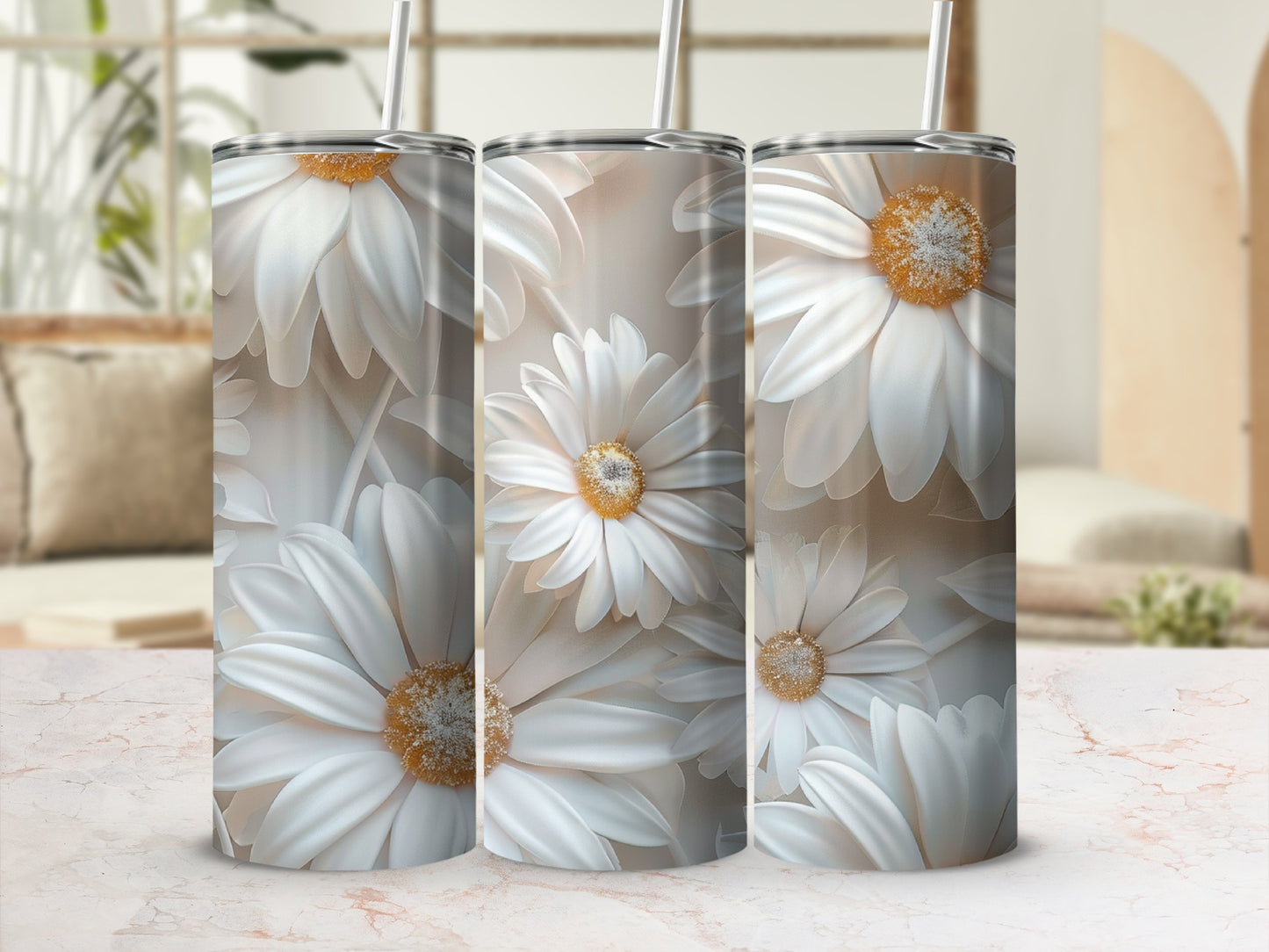 Three tumblers with white daisy floral pattern.