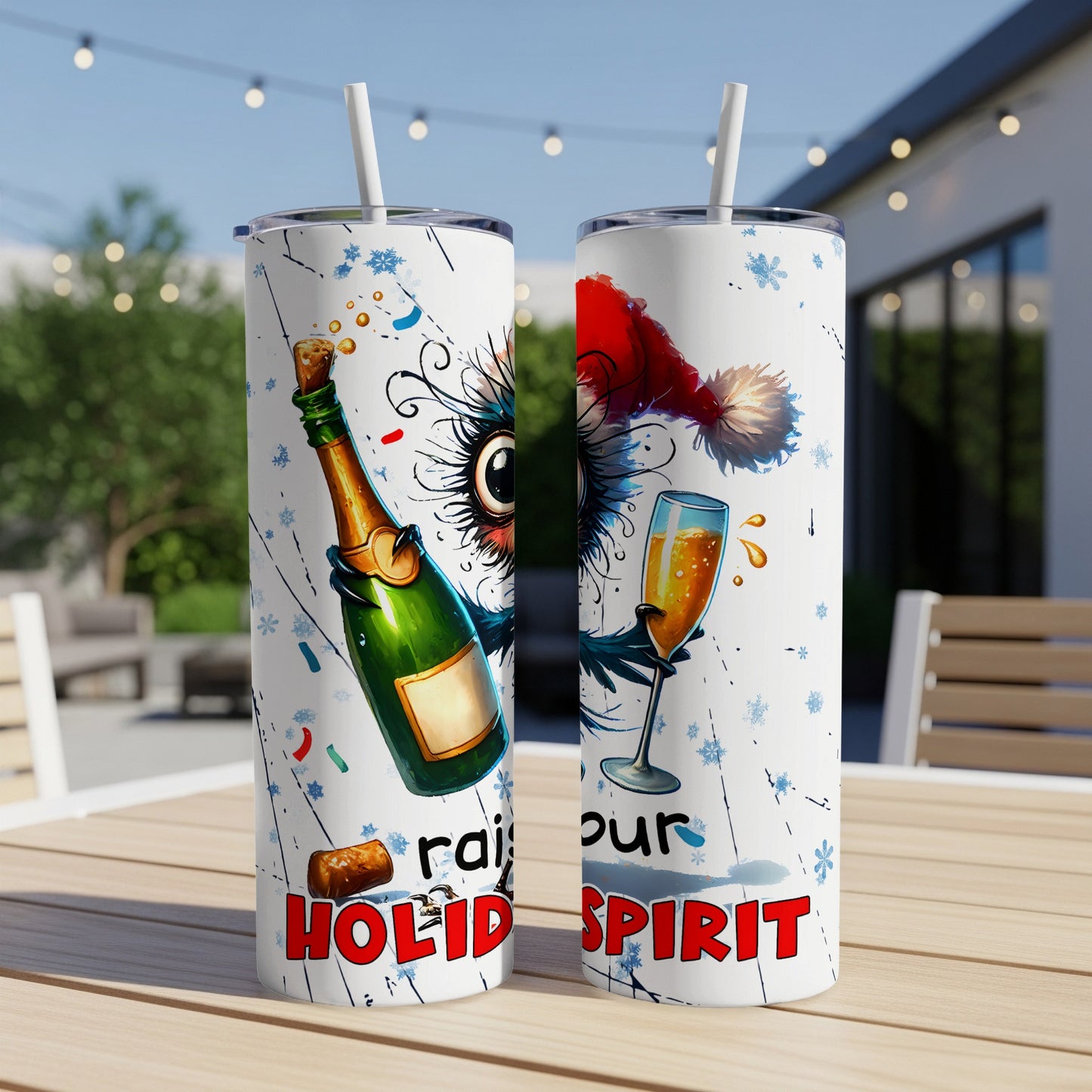 Two tumblers with a cartoon monster, champagne bottle, and "Raise Your Holiday Spirit" text.