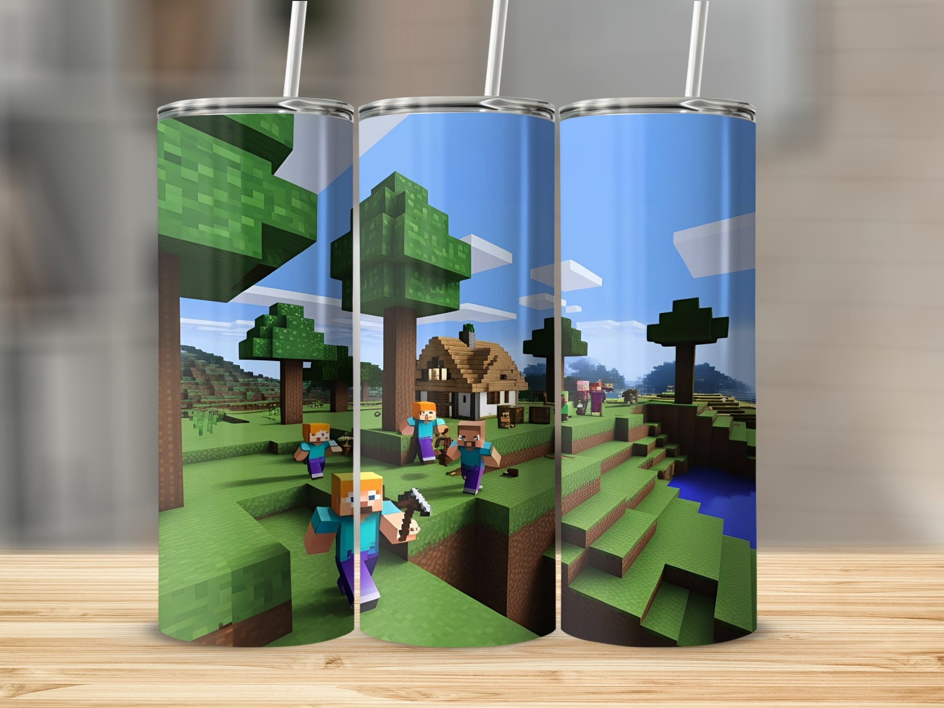 Three Minecraft-themed tumblers featuring pixelated characters and scenery.