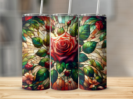Red rose stained glass tumbler with floral accents.