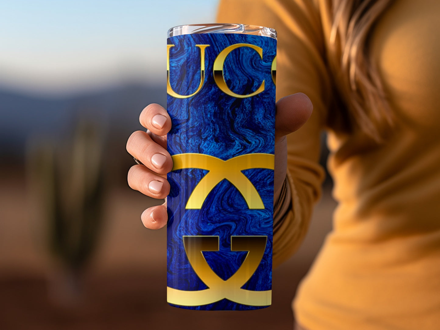 Stylish Blue and Gold Pattern Tumbler Cup for Drinkware