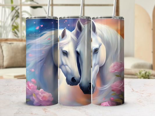 Two white horses with pink hearts and flowers on a tumbler.