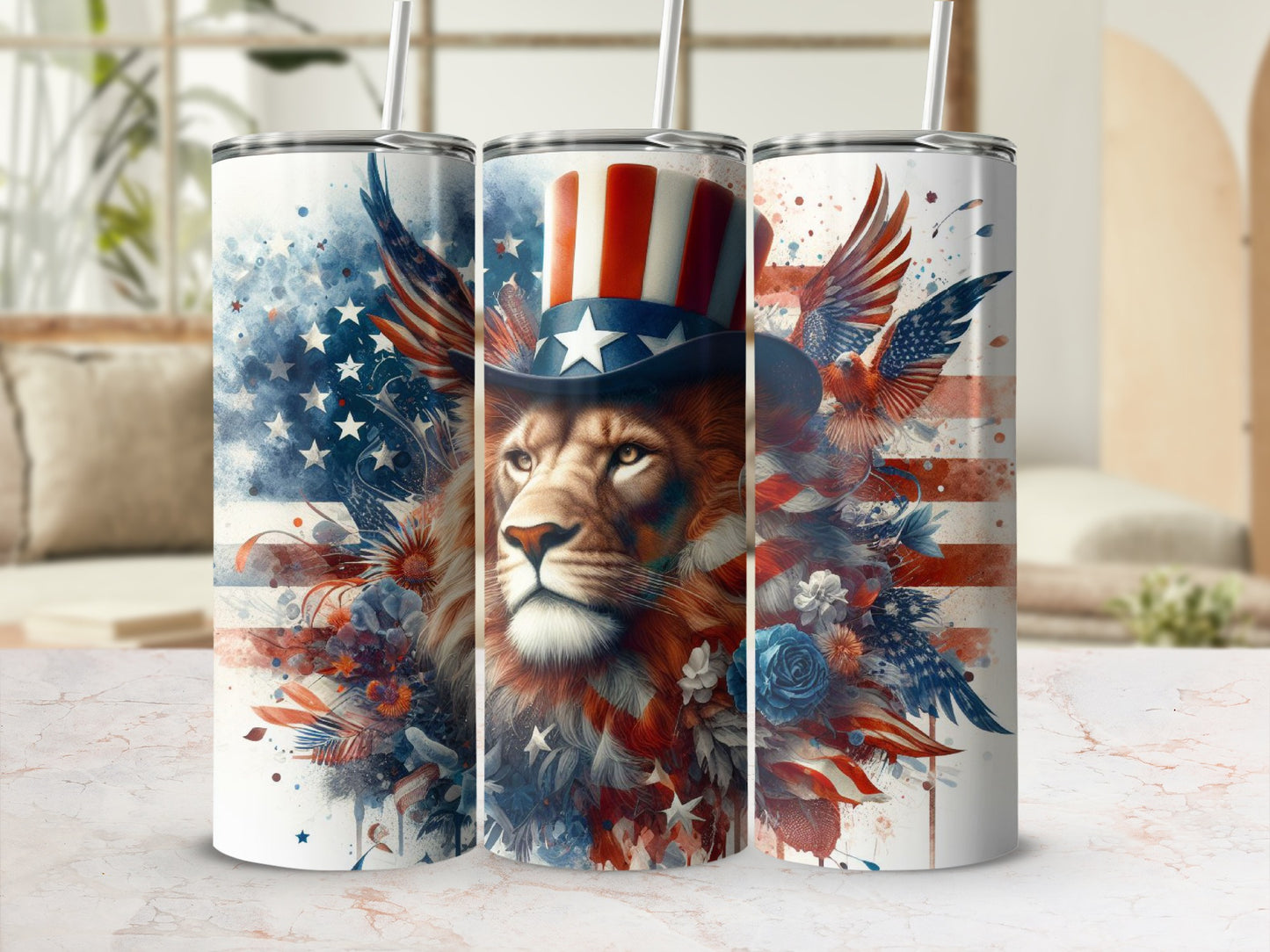 Lion wearing patriotic hat with stars and stripes, surrounded by floral and eagle designs.