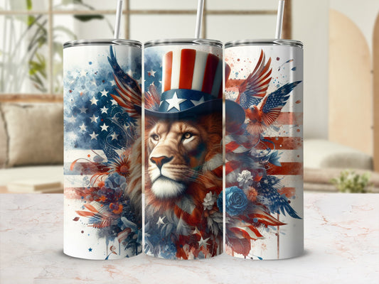 Lion wearing patriotic hat with stars and stripes, surrounded by floral and eagle designs.