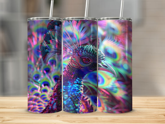 Three tumblers featuring a vibrant, colorful peacock design.