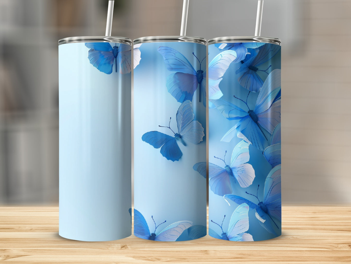 Light blue tumbler with a pattern of blue butterflies.
